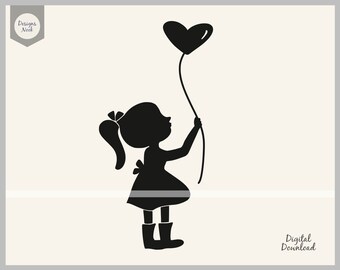 Girl holding balloon, sweet girl svg, cute girl svg, girl cut file, heart balloons svg, girl silhouette vector clip art girl clipart 1235