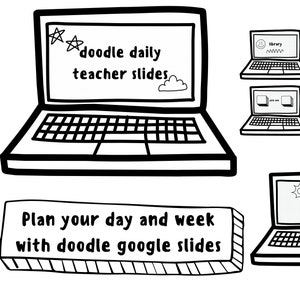 Könnte beinhalten: Eine Schwarzweißillustration eines Laptops mit dem Text "doodle daily teacher slides" auf dem Bildschirm. Das Bild zeigt auch mehrere andere Laptops mit unterschiedlichem Text auf den Bildschirmen, wie z. B. "library", "morning meeting", "lunch" und "science". Der Text "Plan your day and week with doodle google slides" ist auf einem Banner am unteren Rand des Bildes geschrieben.