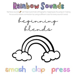 Puede incluir: Una ilustración en blanco y negro de un arcoíris con nubes. El texto "Rainbow Sounds" está en la parte superior de la imagen. El texto "beginning blends" está debajo del arcoíris. Las palabras "smash", "clap" y "press" están en la parte inferior de la imagen.
