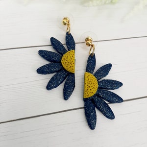 Blue Dangle Floral Statement Earrings,  Daisy Clay Flower Earrings