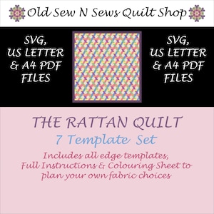 Puede incluir: Un fondo rosa y blanco con el texto "The Rattan Quilt 7 Template Set" en morado. El texto "Includes all edge templates, Full Instructions & Colouring Sheet to plan your own fabric choices" está en negro. Se muestra un patrón de colcha colorido en el fondo.