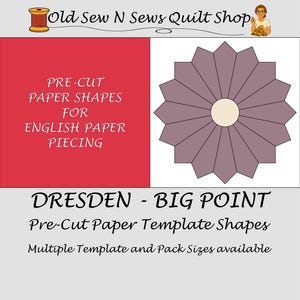 May include: A graphic for a Dresden Big Point design. The image includes text that reads "Pre-Cut Paper Shapes for English Paper Piecing." The design is a flower shape with a light beige centre and grey-purple petals.