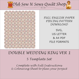 Może przedstawiać: Cyfrowy plik do pobrania z wzorem pikowania Double Wedding Ring Ver 1, zawierający zestaw 5 szablonów. Wzór przedstawia wielokolorowe, zazębiające się pierścienie na jasnym tle. Zawiera formaty plików SVG, US Letter oraz PDF A4.