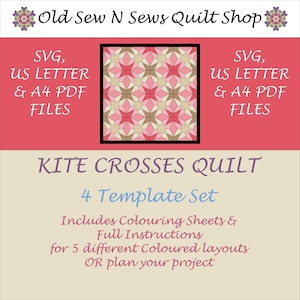 May include: A digital download of a quilt pattern called "Kite Crosses Quilt" with 4 templates. The pattern includes coloring sheets and instructions for 5 different colored layouts. The image shows a sample of the quilt pattern with pink, brown, and cream colors.