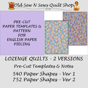 Puede incluir: La imagen presenta el logotipo de una tienda de acolchado y el texto: "PLANTILLAS Y PATRONES DE PAPEL PRE-CORTADOS PARA COSTURA INGLESA SOBRE PAPEL". Incluye dos diseños de edredones de rombos coloridos. El texto también indica "LOZENGE QUILTS - 2 VERSIONS".