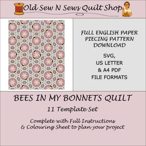 Può includere: Un modello di quilt digitale intitolato "Bees in My Bonnets Quilt" con un design floreale in rosa, giallo e grigio. Il modello include istruzioni complete e un foglio da colorare. Download in formati SVG, US Letter e A4 PDF.