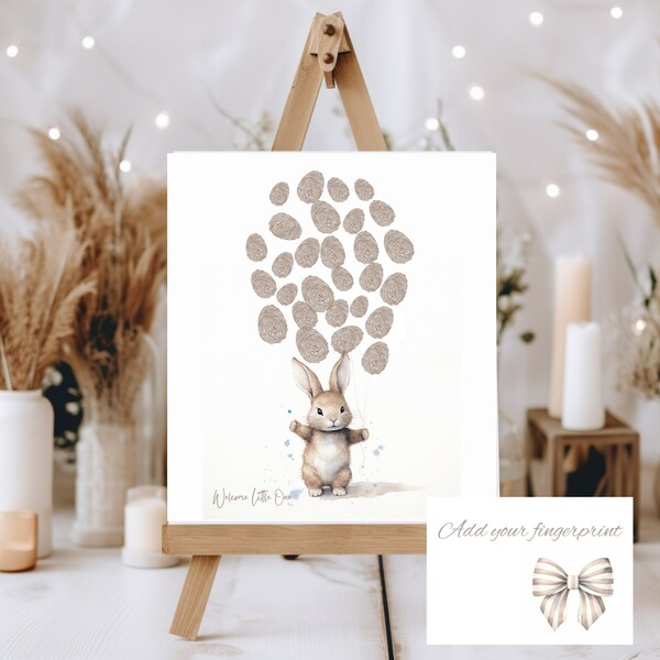 Baby Shower Fingerprint Guest Book Bunny Baby Shower Sign, Guestbook Sign Alternative, Balloon, Wall Art, Editable Bunny Fingerprint