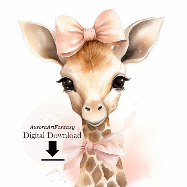 Baby Girl Giraffe with Pink Bow Boho Wall Art for kids Nursery Print Wall Decor png