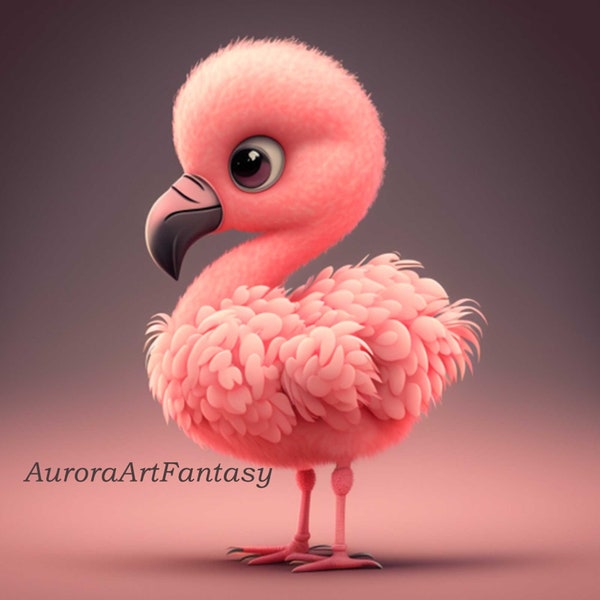 Flamant rose Pixar Art bébé flamant rose Art numérique Art mural pour chambre d'enfant Impressions animalières pour chambre d'enfant Art flamant rose