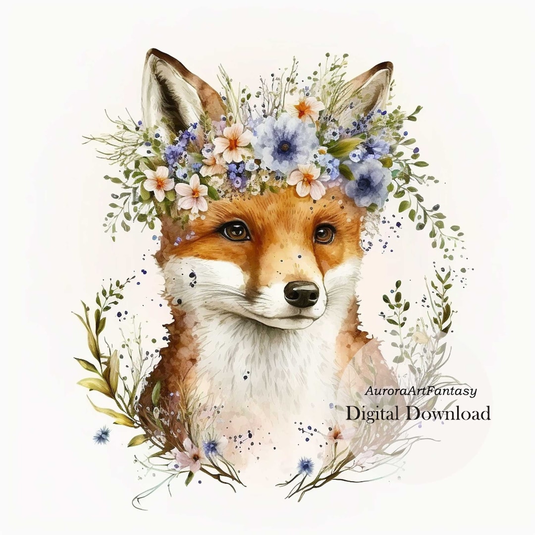 Fox in Flower Crown Wall Art Poster Nature Inspired Print Bedroom Wall