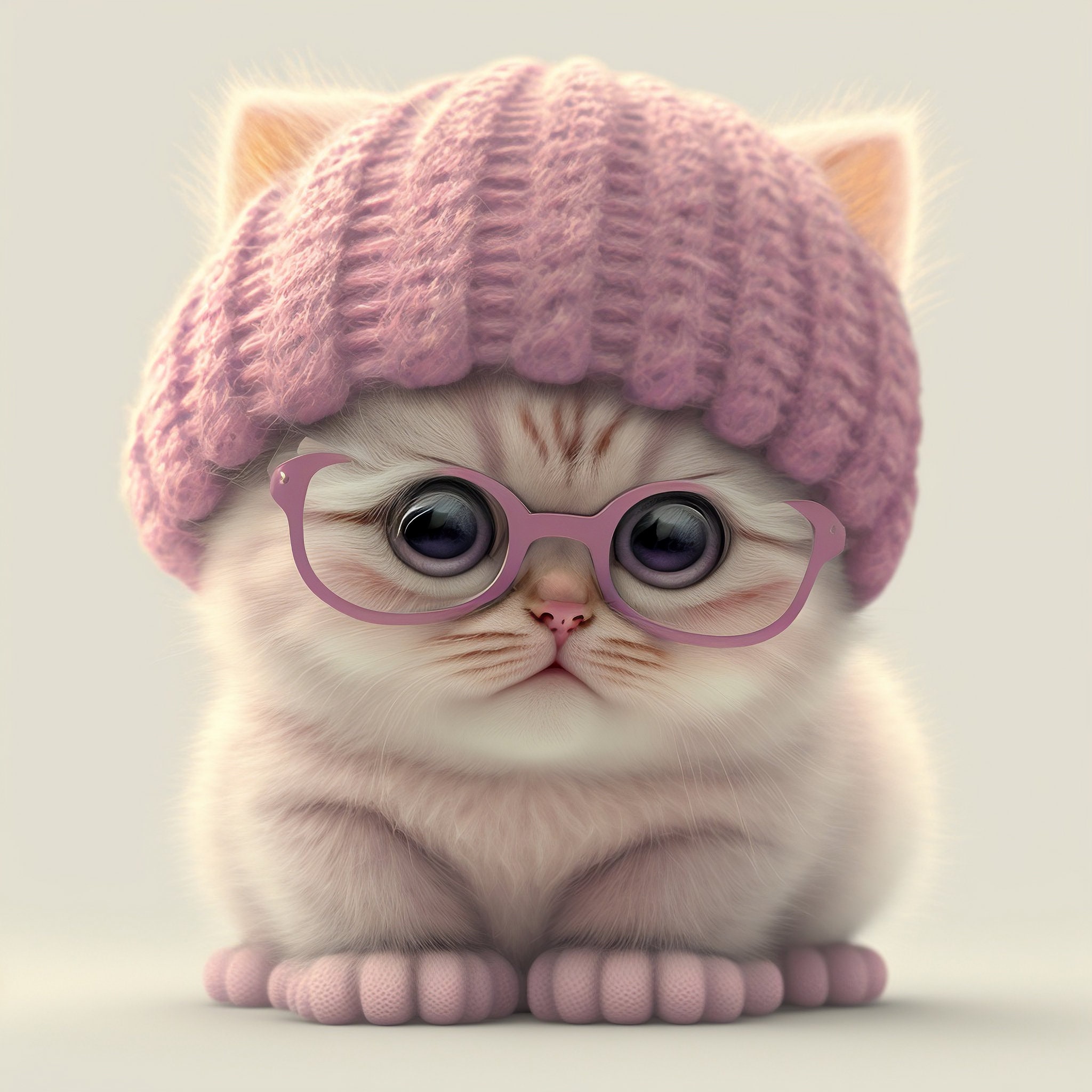 Baby Cute Cat Pink Hat Print Cat With Glasses PNG 