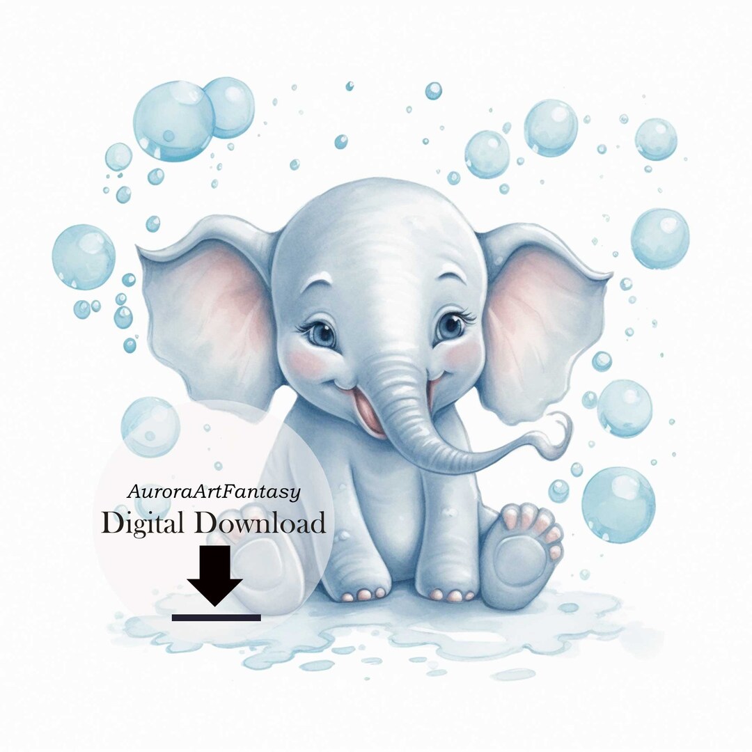 Baby Elephant Bubble Bath PNG Elephant Printable Nursery Elephant Wall