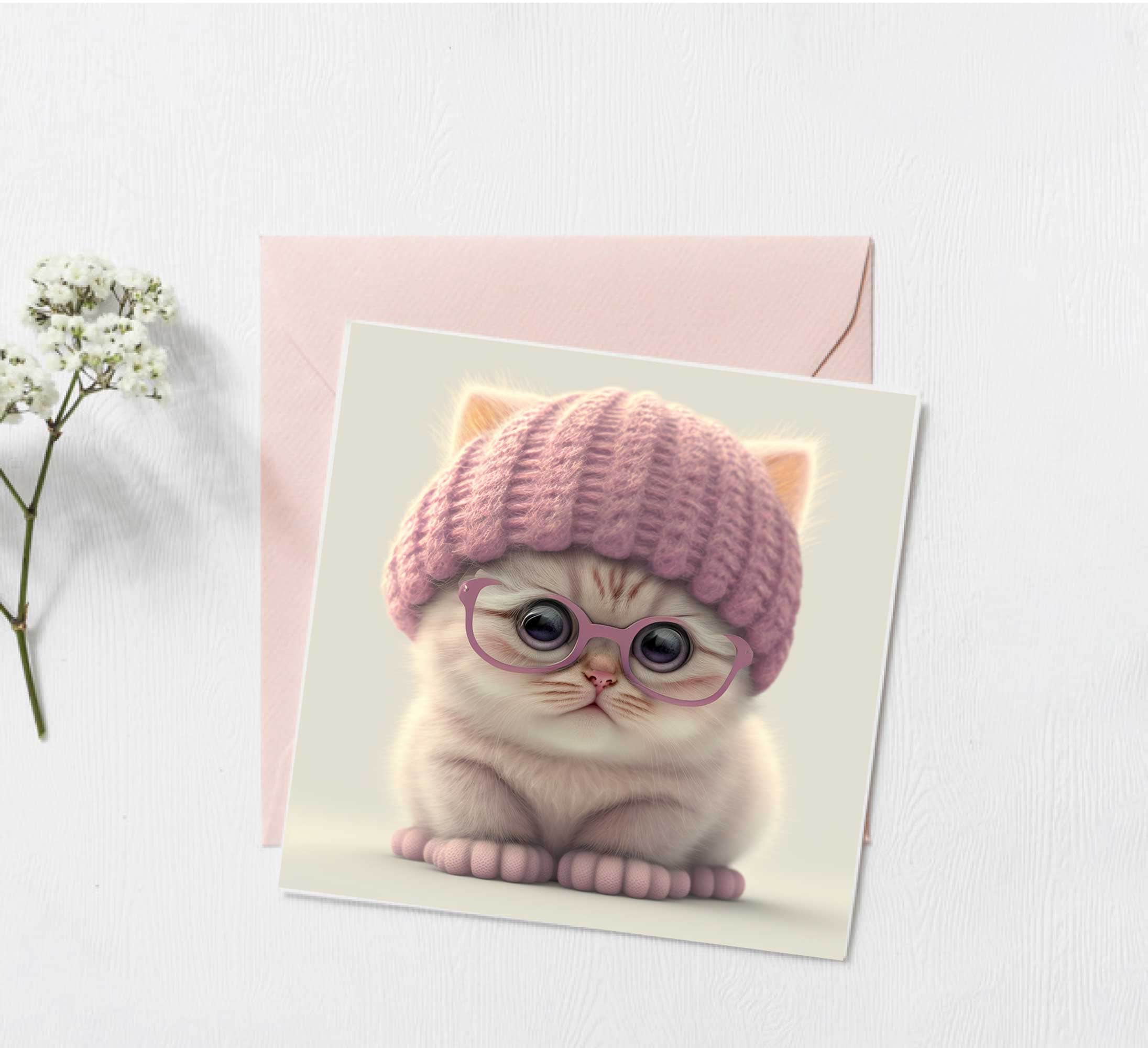 Baby Cute Cat Pink Hat Print Cat With Glasses PNG 