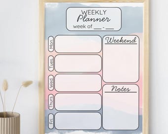Blau/Pink Aquarell Minimalistischer Wochenplaner mit Platz für das Datum - Druckbare PDF-Datei