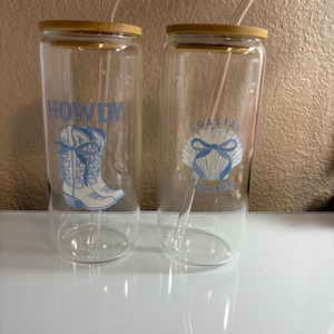 Coastal Cowgirl Glass Cups Howdy and Seashell Bow Iced Coffee Tumblers with Bamboo Lids and Straws