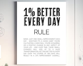 1% Better Every Day Rule, wall art quote, self-help quote, get better in life, digital printables, tips and secrets for self-improvement