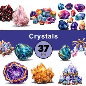 May include: A collection of watercolor-style crystals in various shapes and colors, including red, pink, blue, purple, and yellow. The image includes the text "Crystals" and a circle with the number "37" and the letters "png".