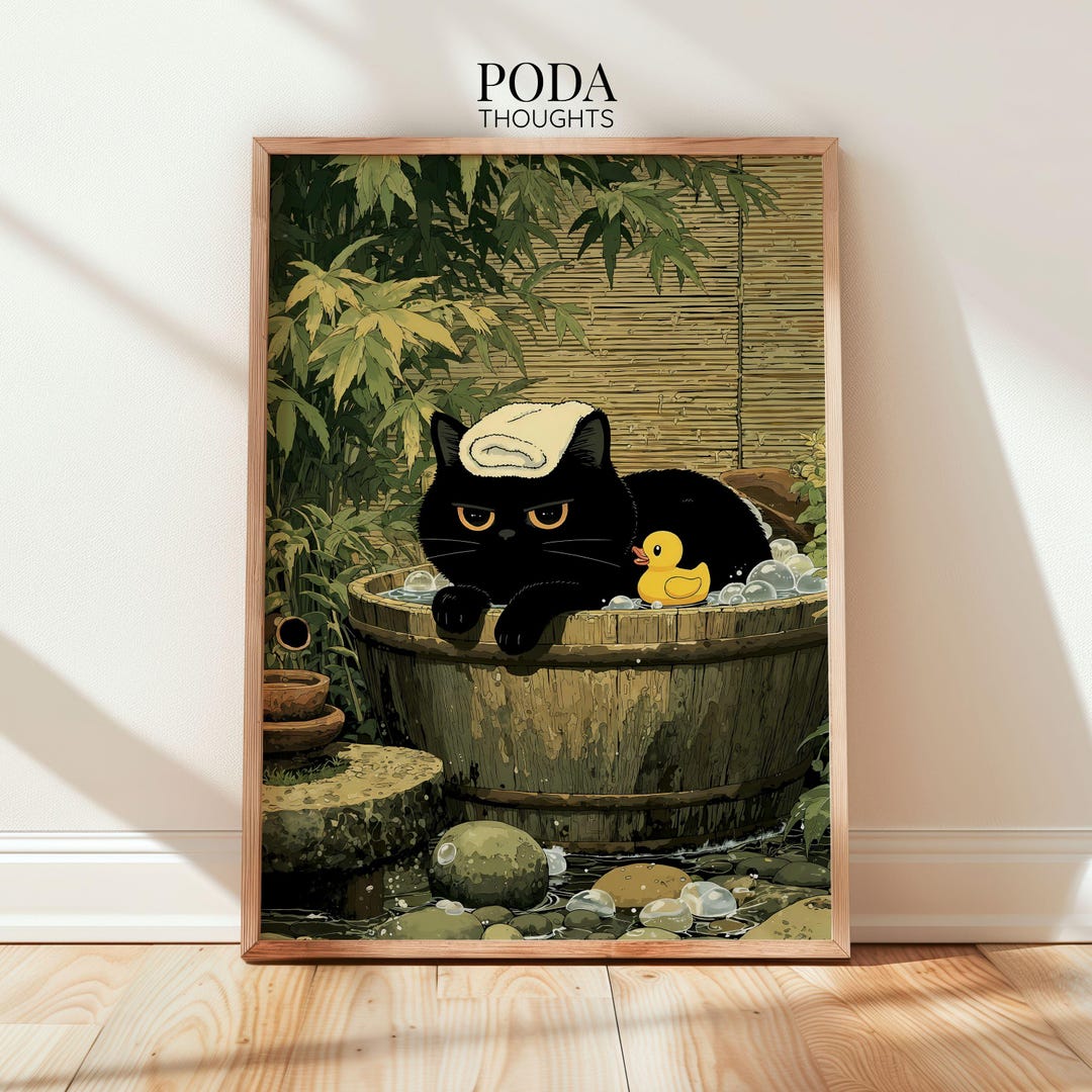 Grumpy Black Cat Onsen Wall Art Japanese Bathroom Decor Funny Cat ...