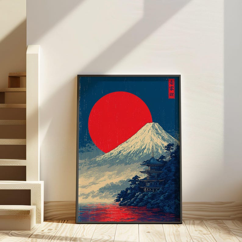 Mount Fuji Japanese Rising Sun Poster Ukiyo-e Pagoda Wall Art Vintage ...