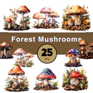 May include: Watercolor illustrations of forest mushrooms with woodland creatures. The image includes a variety of mushroom types, including red, brown, and multicolored caps. Animals such as rabbits, birds, and foxes are also depicted.