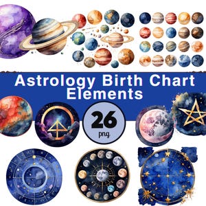 May include: Watercolor illustrations of planets, moons, and celestial elements. The image includes planets with rings, various planetary bodies, and circular designs with astrological symbols. Text reads "Astrology Birth Chart Elements" and "26 png".
