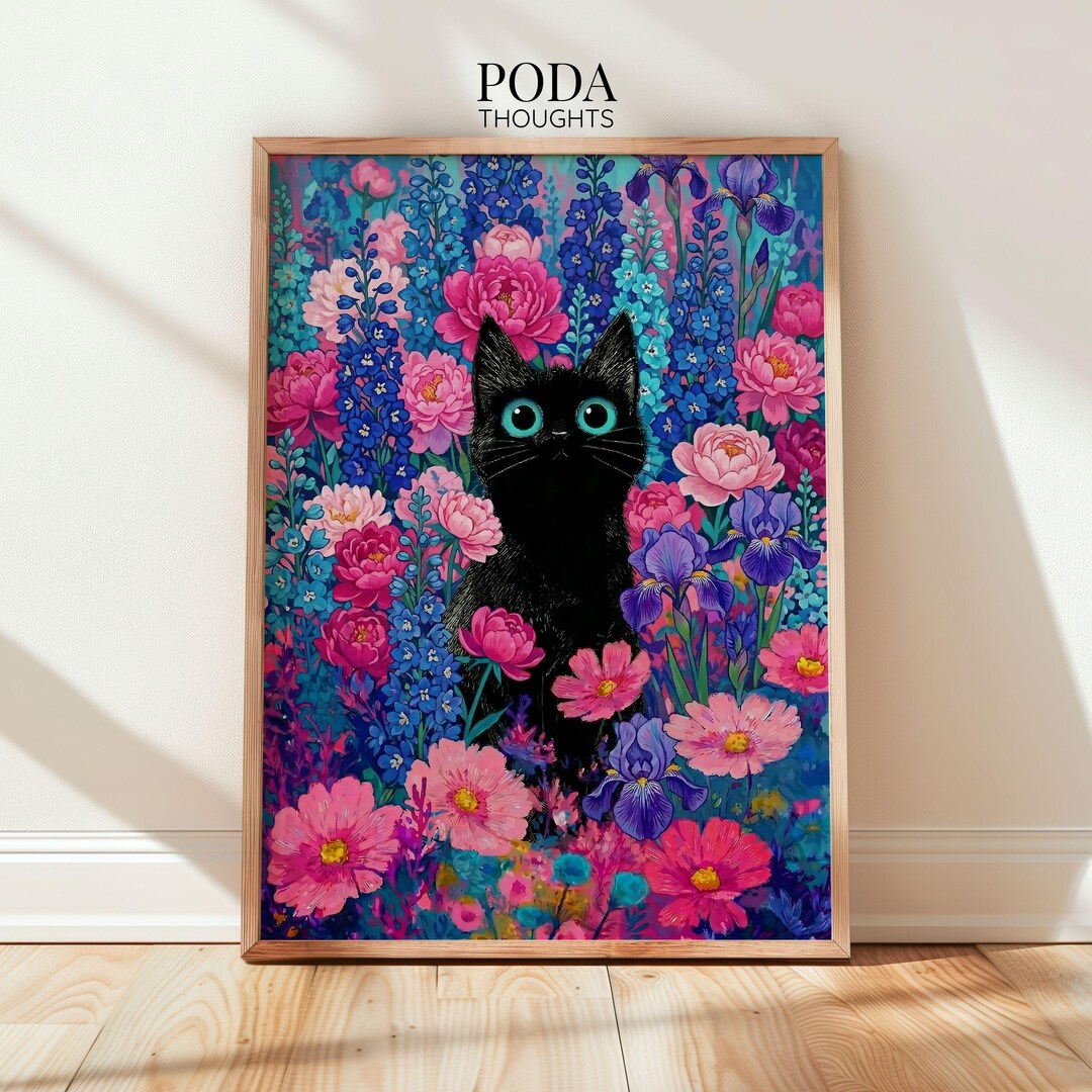 Black Cat Wall Art Iris Flower Print Peony Garden Decor Botanical ...