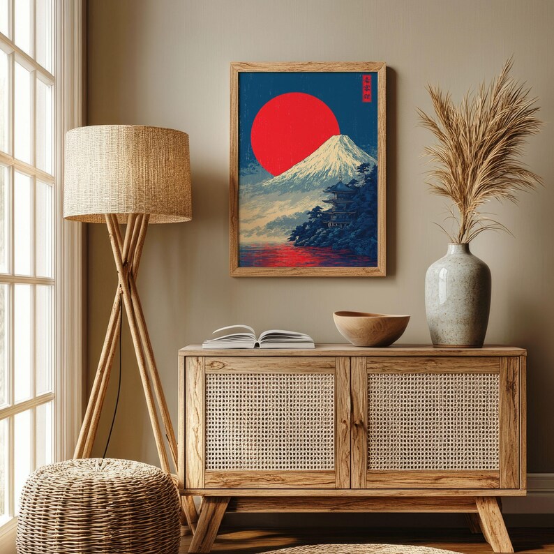 Mount Fuji Japanese Rising Sun Poster Ukiyo-e Pagoda Wall Art Vintage ...
