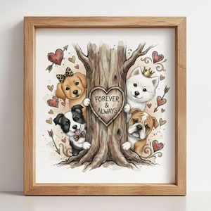 Peut inclure: Impression encadrée avec quatre chiens de dessin animé regardant derrière un arbre. L'arbre porte un signe en forme de cœur avec l'inscription "Forever & Always". Des cœurs et des flèches décorent l'arrière-plan. Les chiens portent des nœuds papillon et une couronne.