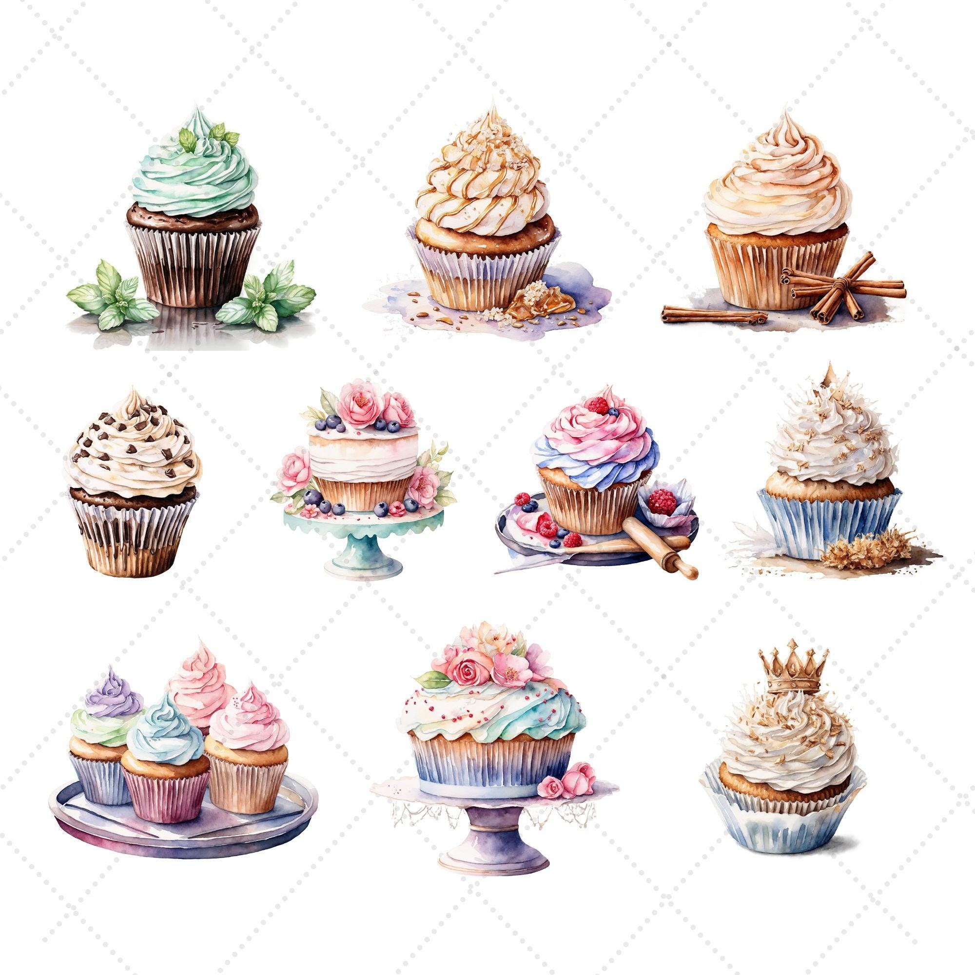 Watercolor Cupcakes Clipart Bundle – Gourmet Dessert PNG, Sweet Treats ...