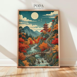 May include: A framed print of a Japanese landscape with a pagoda, bridge, and waterfall. The artwork features a full moon, birds, and vibrant autumn foliage in shades of red, orange, and yellow. The text "PODA THOUGHTS" is at the top.