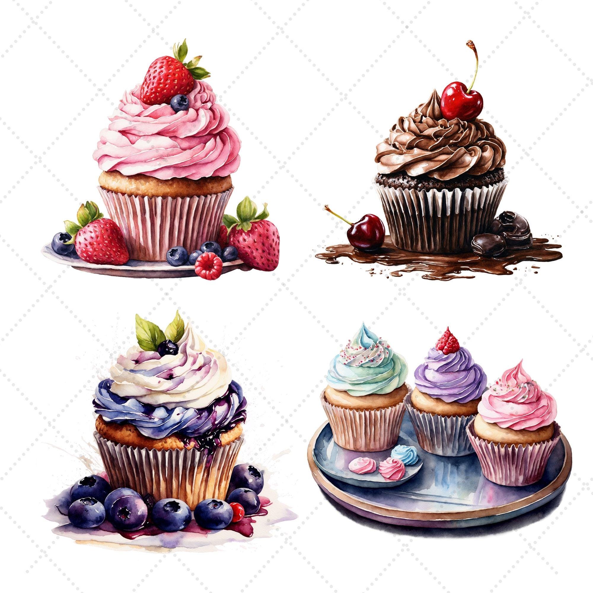 Watercolor Cupcakes Clipart Bundle – Gourmet Dessert PNG, Sweet Treats ...