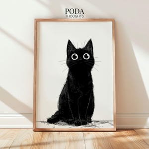 Ink Void Black Cat Art Print Sketch Wide Eyed Gaze Cat Drawing Minimalist Monochrome Pen & Ink Illustration Goth Decor Japanese Wall Art