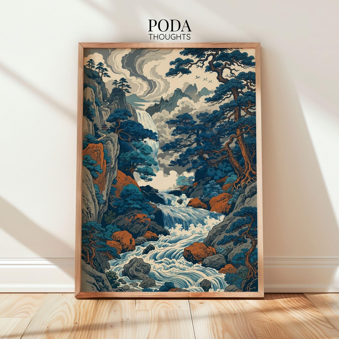 Japanese Landscape Art Waterfall Wall Decor Ukiyo-e Style Print Pine ...