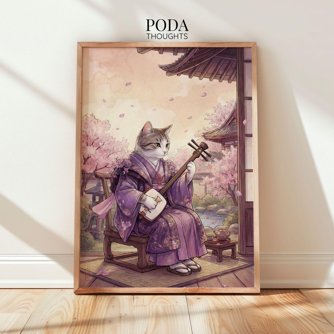 Shamisen Music in Sakura Garden, Japanese Black Cat Poster Kimono ...