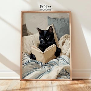 Black Cat Reading in Bed Cat Poster Book Lover Gift Cozy Library Print Literary Cat artwork Reader Wall Hanging for Bedroom Reading Nook Art