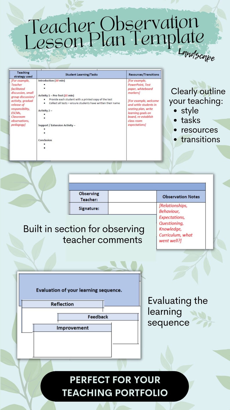 Teacher Observation Lesson Plan Template Etsy Teacher Observation Lesson Plan Template Etsy