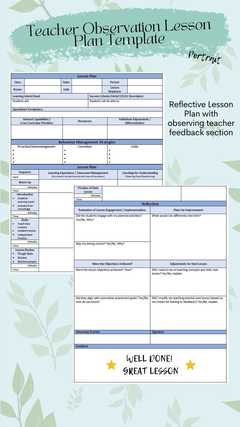 Teacher Observation Lesson Plan Template Etsy Teacher Observation Lesson Plan Template Etsy