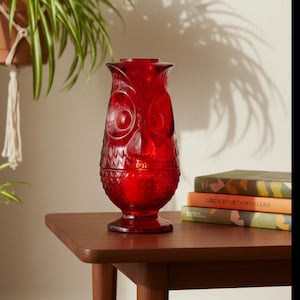 May include: A red glass owl-shaped candle holder. The candle holder has a detailed owl face design and a textured body. It sits on a wooden table with books in the background. The candle holder is approximately 10 inches tall.