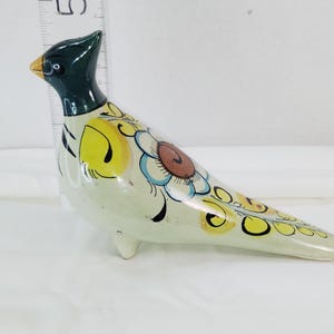 Vintage Mexican Tonala Bird Ceramic Figurine Folk Art Dove Hand Painted 4&quot; Tall 7&quot; Long pottery unique vibrant colors collector charming