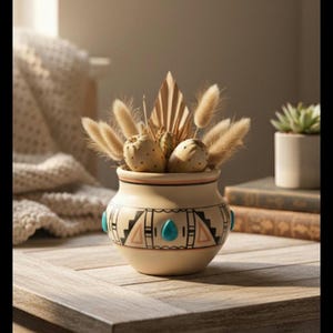 May include: A beige ceramic pot with a Southwestern design, filled with dried plants and decorative elements. The pot features geometric patterns in black, red, and turquoise. The arrangement sits on a wooden table, with a soft, neutral background.