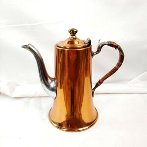 Vintage Manning Bowman Copper Coffee Pot, Antique Hot Water Pitcher Wicker Handle