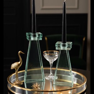 Vintage Green Glass Atomic Candlestick Set: Mid-Century Modern Design