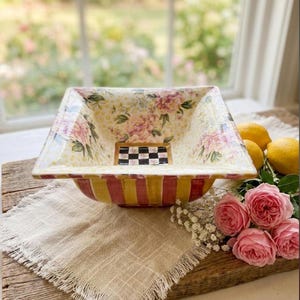 1993 MacKenzie Childs Frank and Mustard Square Ceramic Bowl Courtly Check