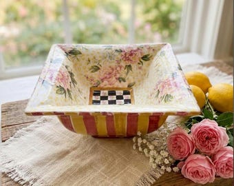 1993 MacKenzie Childs Frank and Mustard Square Ceramic Bowl Courtly Check
