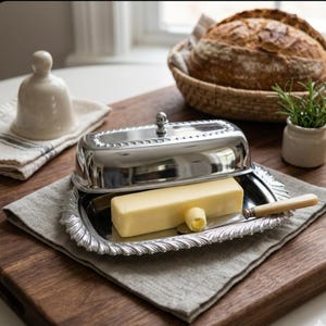 May include: A silver butter dish with a decorative rim, holding a rectangular block of yellow butter and a butter curl. A small butter knife rests on the dish. A loaf of bread in a basket and a small bell are in the background.