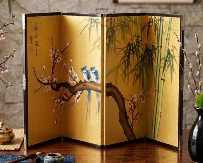 アジアンヴィンテージアンティーク　木製四つ折り屏風 植物絵画付き Japanese Four Panel Screen - Etsy