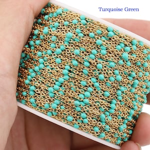Green Turquoise Gold Link Cable Chain Necklace,Wholesale Bulk Chain for Jewelry Making,Colorful bead chain cable chain