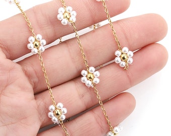 French 18K plating small flower chain handmade pearl chain,304 stainless steel Imitation pearls Flower Cross Chain for jewellery making