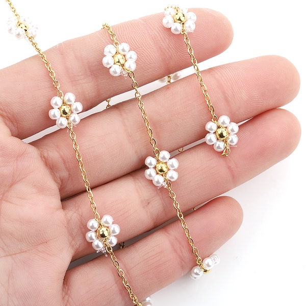 French 18K plating small flower chain handmade pearl chain,304 stainless steel Imitation pearls Flower Cross Chain for jewellery making