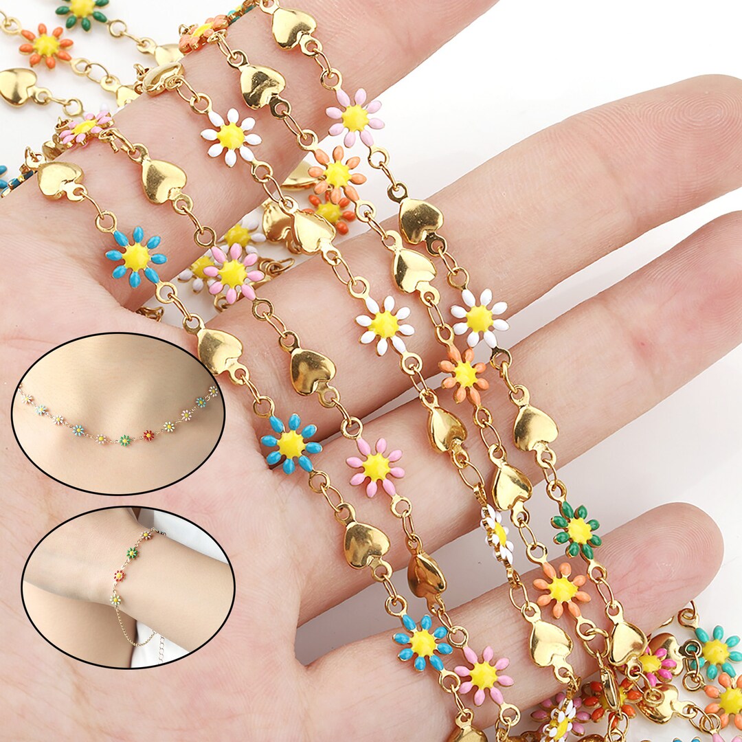 Enamel Coloured Ball Chain, 304 Stainless Steel Coloured Daisy Bead